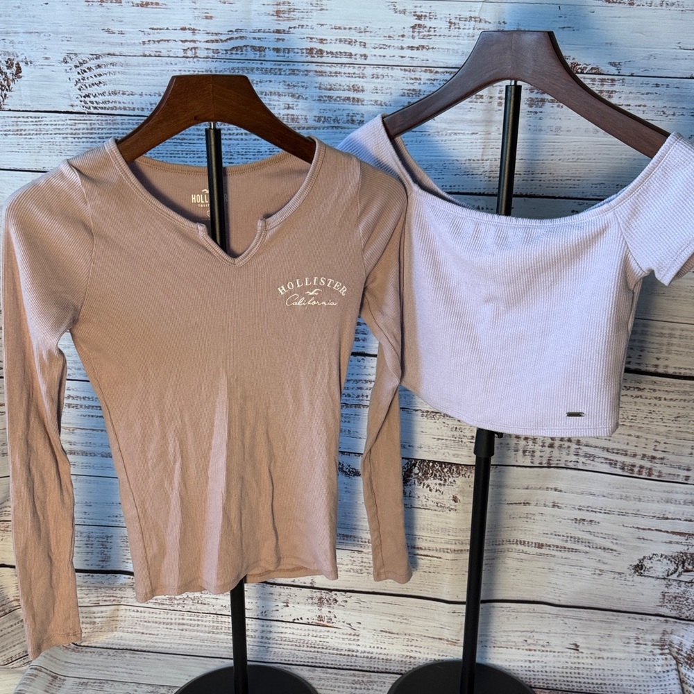 Hollister Bundle - Women's Pink Long Sleeve and Off-Shoulder Tops - 2 tops